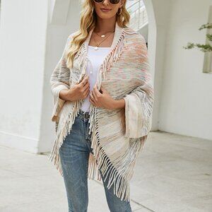 2/$45 Knit Cardigan Sweater Fringe Tassel Shawl Poncho Beige Colorful Open Front